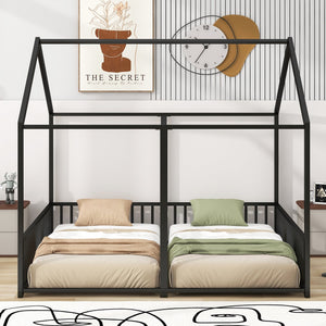 English Elm Metal Twin House Platform Bed with Guardrails and Playful Roof Window Design for Families Black MF307505AAB