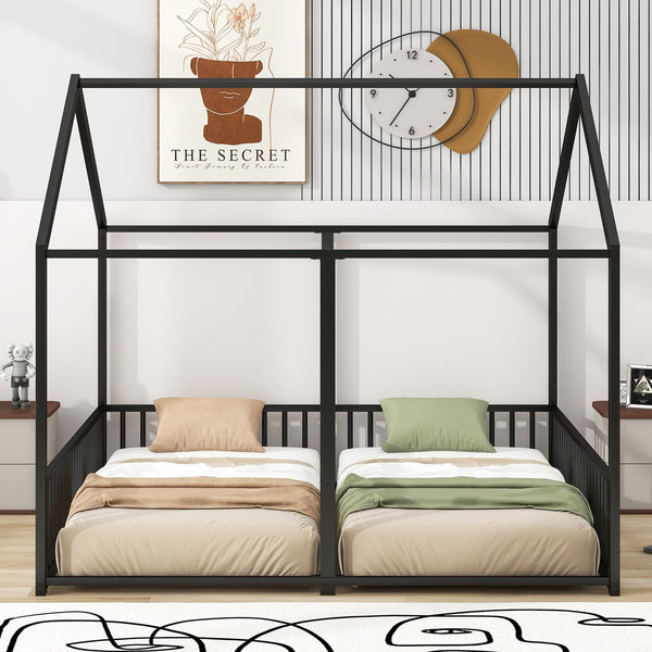 English Elm Metal Twin House Platform Bed with Guardrails and Playful Roof Window Design for Families Black MF307505AAB