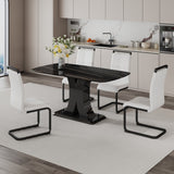 Hearth and Haven A Modern Minimalist Dining Table with Four Chairs. Black Imitation Marble Desktop with Mdf Legs.4 Dining Chairs with White Leatherette Backrest Cushions and Black Metal Legs.Table Size 63 "x 35.4" x 30" W1151S00470