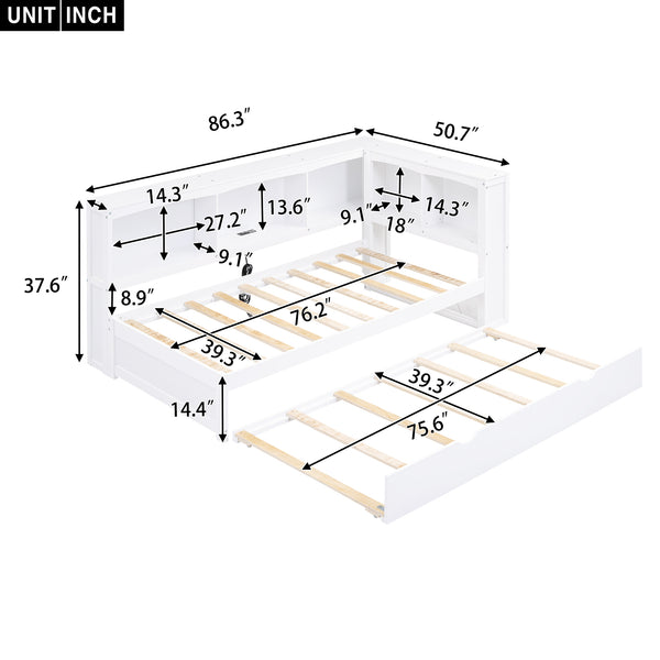 English Elm Twin Size Daybed with Trundle, Built-In Storage Cabinets, Curved Details and Dual USB Ports for Small Spaces White GX000353AAK