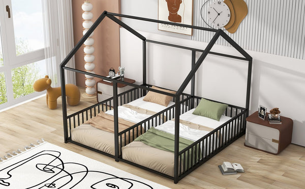 English Elm Metal Twin House Platform Bed with Guardrails and Playful Roof Window Design for Families Black MF307505AAB