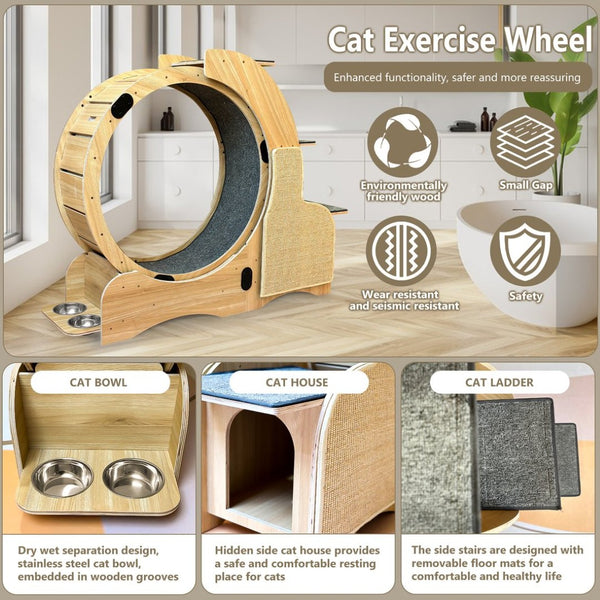 English Elm 5-in-1 Solid Wood Cat Activity Center with Running Wheel Climbing Frame and Litter Station W1790112807