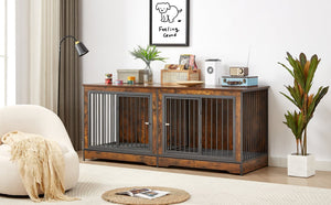 English Elm Super Large Double Dog Crate Tv Stand Rustic Brown Wood Media Console Pet Kennel W1162118950