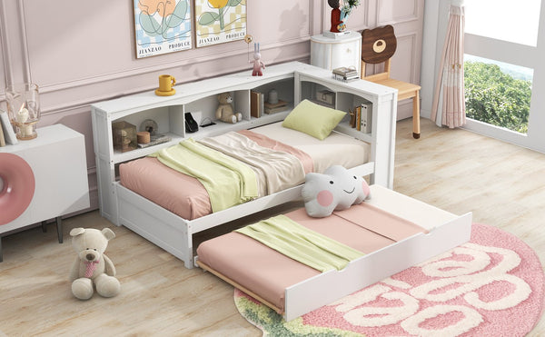 English Elm Twin Size Daybed with Trundle, Built-In Storage Cabinets, Curved Details and Dual USB Ports for Small Spaces White GX000353AAK