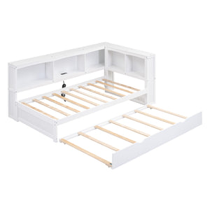 English Elm Twin Size Daybed with Trundle, Built-In Storage Cabinets, Curved Details and Dual USB Ports for Small Spaces White GX000353AAK