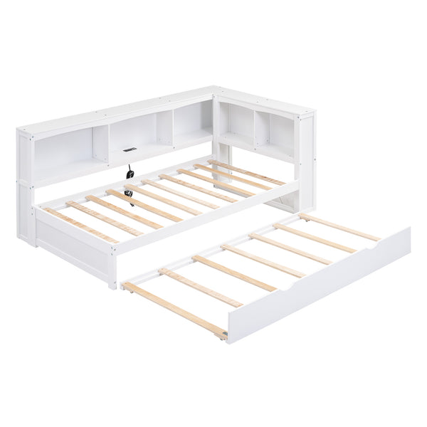 English Elm Twin Size Daybed with Trundle, Built-In Storage Cabinets, Curved Details and Dual USB Ports for Small Spaces White GX000353AAK