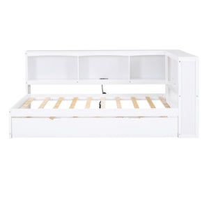 English Elm Twin Size Daybed with Trundle, Built-In Storage Cabinets, Curved Details and Dual USB Ports for Small Spaces White GX000353AAK