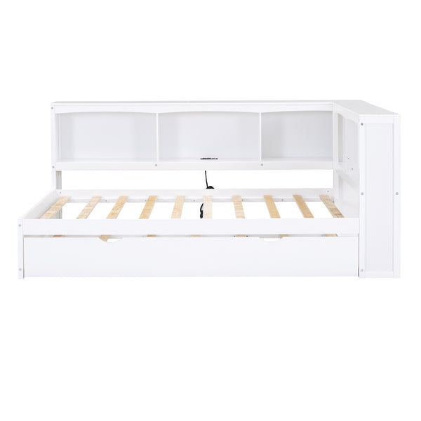 English Elm Twin Size Daybed with Trundle, Built-In Storage Cabinets, Curved Details and Dual USB Ports for Small Spaces White GX000353AAK