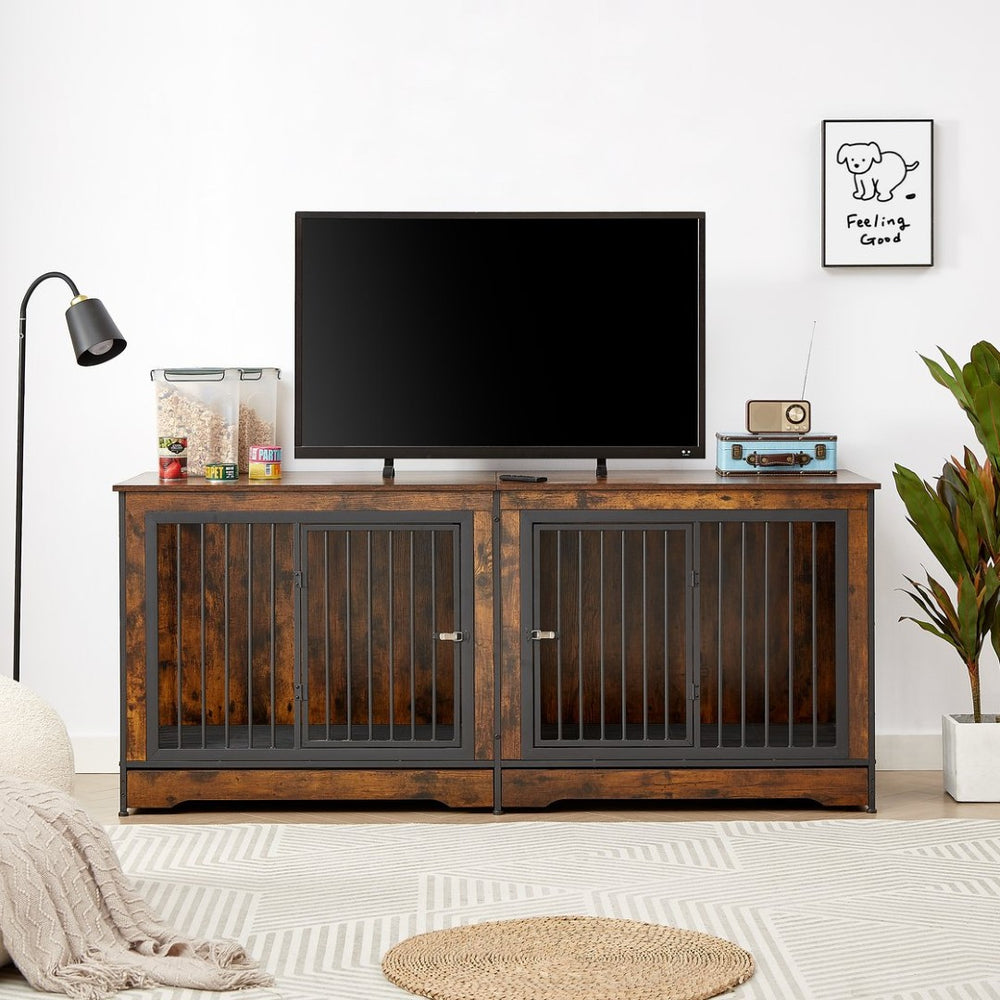 English Elm Super Large Double Dog Crate Tv Stand Rustic Brown Wood Media Console Pet Kennel W1162118950