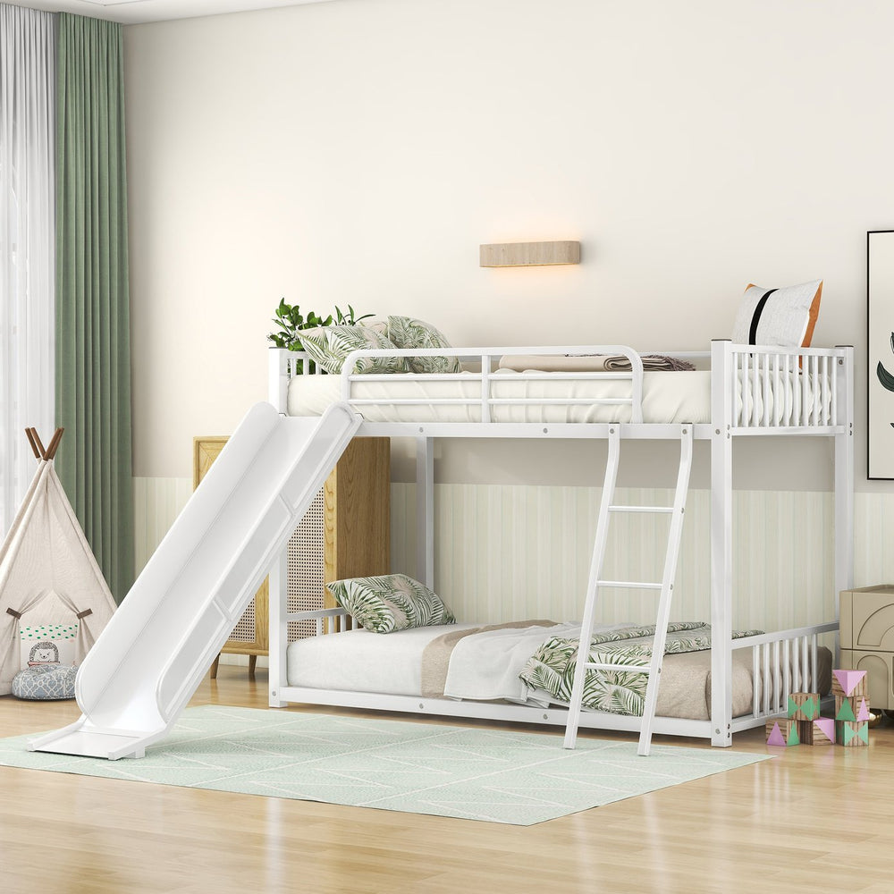 English Elm Metal Bunk Bed with Slide Twin over Twin Stylish Space-Saving Metal Frame, Safe Stairs & Playful Slide Fun White MF285671AAK