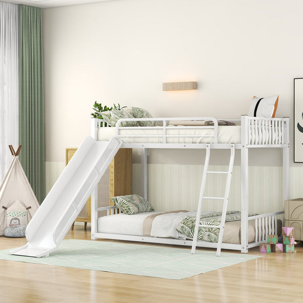 English Elm Metal Bunk Bed with Slide Twin over Twin Stylish Space-Saving Metal Frame, Safe Stairs & Playful Slide Fun White MF285671AAK
