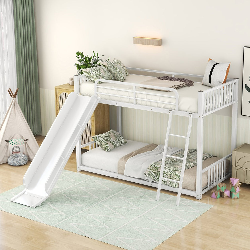 English Elm Metal Bunk Bed with Slide Twin over Twin Stylish Space-Saving Metal Frame, Safe Stairs & Playful Slide Fun White MF285671AAK