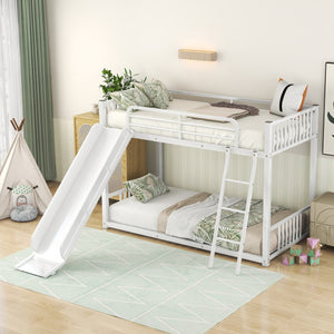 English Elm Metal Bunk Bed with Slide Twin over Twin Stylish Space-Saving Metal Frame, Safe Stairs & Playful Slide Fun White MF285671AAK