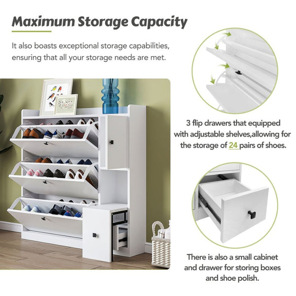 English Elm On-trend White Flip Drawer Shoe Cabinet with Fold Down Bench Seat for Entryway WF308545AAK