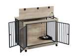 English Elm Furniture Style Dog Crate Side Table With Rotatable Feeding Bowl, Wheels, Three Doors, Flip-Up Top Opening. Indoor, Grey, 38.58"W X 25.2"D X 27.17"H