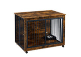 English Elm Furniture Style Dog Crate Side Table With Rotatable Feeding Bowl, Wheels, Three Doors, Flip-Up Top Opening. Indoor, Rustic Brown, 43.7"W X 30"D X 33.7"H