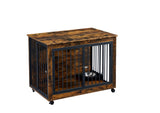 English Elm Furniture Style Dog Crate Side Table With Rotatable Feeding Bowl, Wheels, Three Doors, Flip-Up Top Opening. Indoor, Rustic Brown, 38.58"W X 25.2"D X 27.17"H