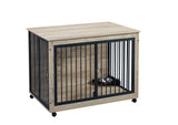 English Elm Furniture Style Dog Crate Side Table With Rotatable Feeding Bowl, Wheels, Three Doors, Flip-Up Top Opening. Indoor, Grey, 43.7"W X 30"D X 33.7"H