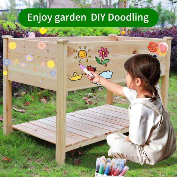 English Elm Raised Solid Wood Garden Planter with Legs Storage Shelf for Herbs Vegetables Patio W1431106422