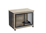 English Elm Furniture Style Dog Crate Side Table With Rotatable Feeding Bowl, Wheels, Three Doors, Flip-Up Top Opening. Indoor, Grey, 38.58"W X 25.2"D X 27.17"H