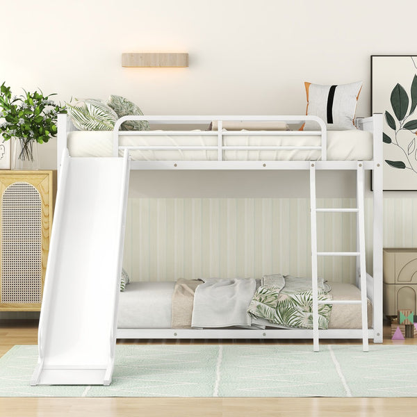English Elm Metal Bunk Bed with Slide Twin over Twin Stylish Space-Saving Metal Frame, Safe Stairs & Playful Slide Fun White MF285671AAK