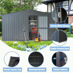 English Elm Backyard Steel Storage Shed 11x9 Ft with Lockable Doors and Ventilated Sloped Roof Dark Gray W1859S00041