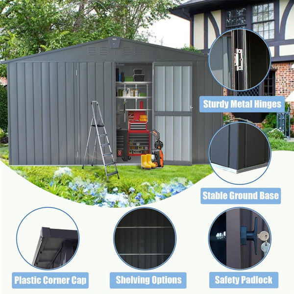 English Elm Backyard Steel Storage Shed 11x9 Ft with Lockable Doors and Ventilated Sloped Roof Dark Gray W1859S00041