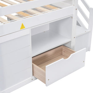 English Elm Solid Pine Twin Low Loft Bed with Stair Drawer Shelf Playhouse Frame for Kids White W697S00018