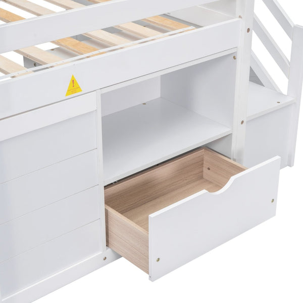 English Elm Solid Pine Twin Low Loft Bed with Stair Drawer Shelf Playhouse Frame for Kids White W697S00018