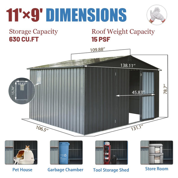 English Elm Backyard Steel Storage Shed 11x9 Ft with Lockable Doors and Ventilated Sloped Roof Dark Gray W1859S00041