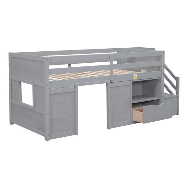 English Elm Solid Pine Twin Low Loft Bed with Stair Drawer Shelf Playhouse Frame for Kids Gray W697S00019