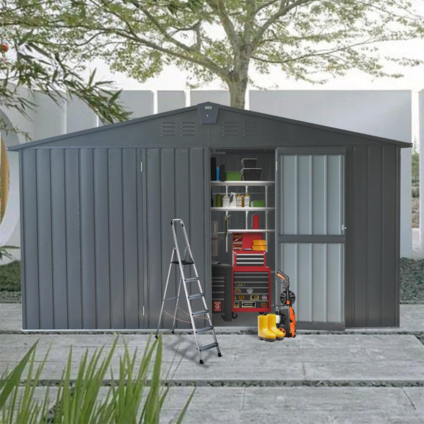 English Elm Backyard Steel Storage Shed 11x9 Ft with Lockable Doors and Ventilated Sloped Roof Dark Gray W1859S00041