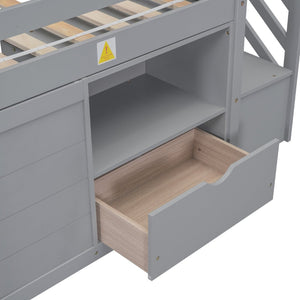 English Elm Solid Pine Twin Low Loft Bed with Stair Drawer Shelf Playhouse Frame for Kids Gray W697S00019