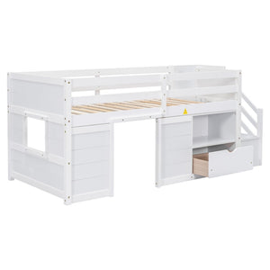 English Elm Solid Pine Twin Low Loft Bed with Stair Drawer Shelf Playhouse Frame for Kids White W697S00018