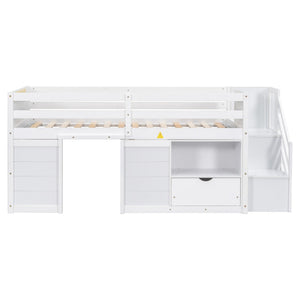 English Elm Solid Pine Twin Low Loft Bed with Stair Drawer Shelf Playhouse Frame for Kids White W697S00018