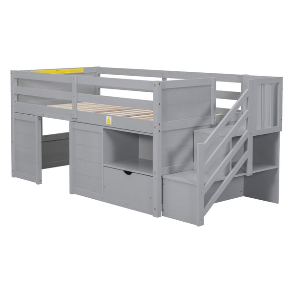 English Elm Solid Pine Twin Low Loft Bed with Stair Drawer Shelf Playhouse Frame for Kids Gray W697S00019