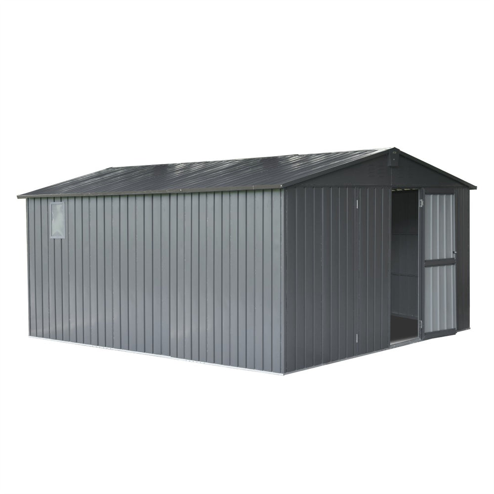 English Elm Backyard Galvanized Steel Shed 11x12 Ft Lockable Vented Utility Storage with Windows Dark Gray W1859S00042