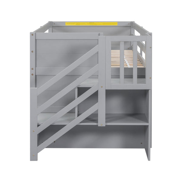 English Elm Solid Pine Twin Low Loft Bed with Stair Drawer Shelf Playhouse Frame for Kids Gray W697S00019
