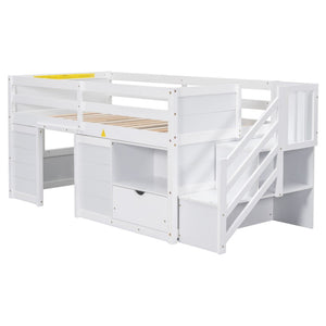 English Elm Solid Pine Twin Low Loft Bed with Stair Drawer Shelf Playhouse Frame for Kids White W697S00018