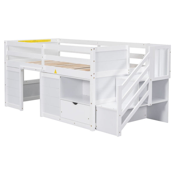 English Elm Solid Pine Twin Low Loft Bed with Stair Drawer Shelf Playhouse Frame for Kids White W697S00018