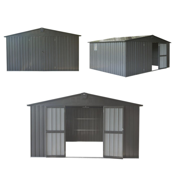 English Elm Backyard Steel Storage Shed 11x9 Ft with Lockable Doors and Ventilated Sloped Roof Dark Gray W1859S00041