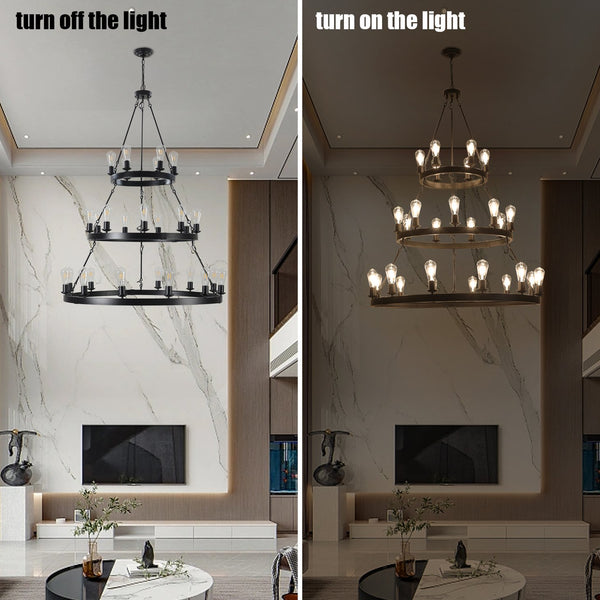 English Elm (Same 45" Retro Industrial 3-Layer Pendant Light, 27-Bulb Black Iron & Glass Farmhouse Fixture for Dining Rooms W1340P241302