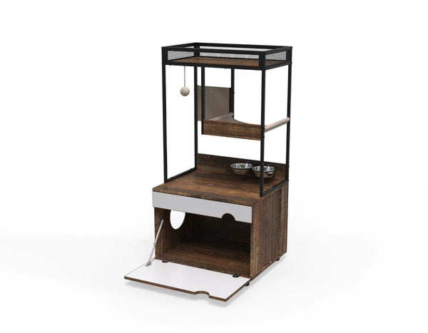 English Elm Corner Cat Tower with Feeding Cabinet Sisal Post and Climbing Platforms for Indoor Pets W1687106558