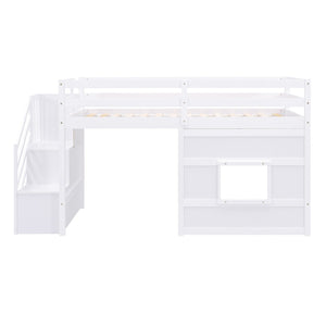 English Elm Twin Loft Bed Pinewood Frame with Storage Staircase Led Lighting and Window Cutout White GX000436AAK