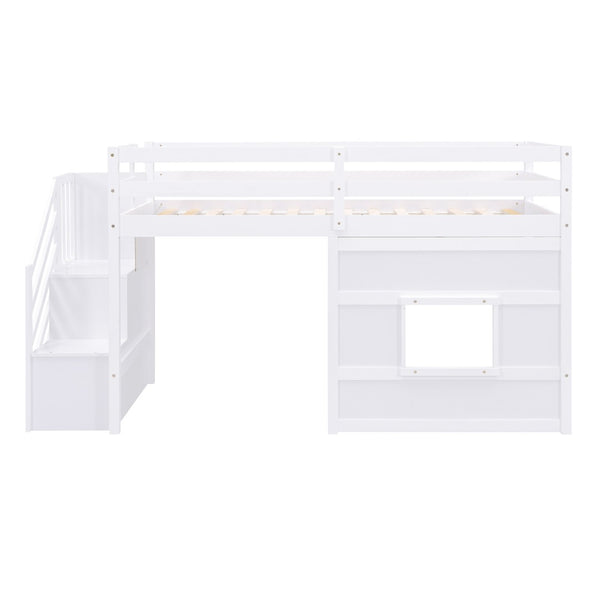 English Elm Twin Loft Bed Pinewood Frame with Storage Staircase Led Lighting and Window Cutout White GX000436AAK