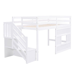 English Elm Twin Loft Bed Pinewood Frame with Storage Staircase Led Lighting and Window Cutout White GX000436AAK