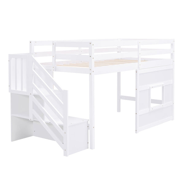 English Elm Twin Loft Bed Pinewood Frame with Storage Staircase Led Lighting and Window Cutout White GX000436AAK