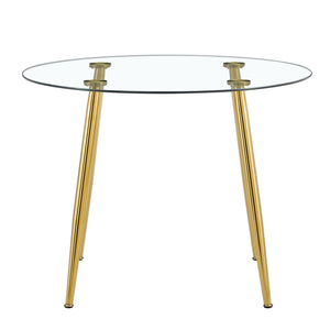 English Elm A Modern Minimalist Round Glass Dining Table With Gold Legs – Perfect For Living & Conference Rooms W1151S03860