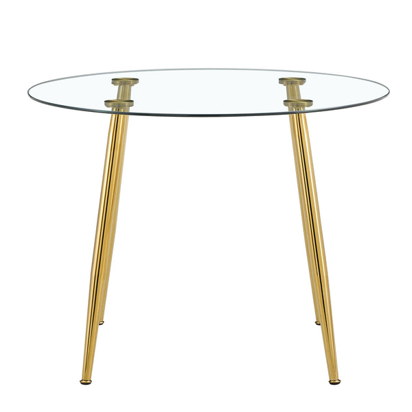 English Elm A Modern Minimalist Round Glass Dining Table With Gold Legs – Perfect For Living & Conference Rooms W1151S03860