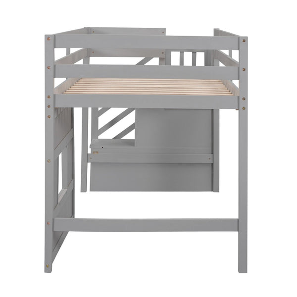 English Elm Twin Loft Bed Pinewood Frame with Storage Staircase Led Lighting and Window Cutout Gray GX000436AAE